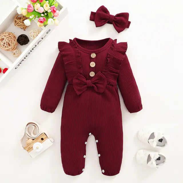 Baby Girl 2pcs Cotton Ribbed Romper and Headband Set