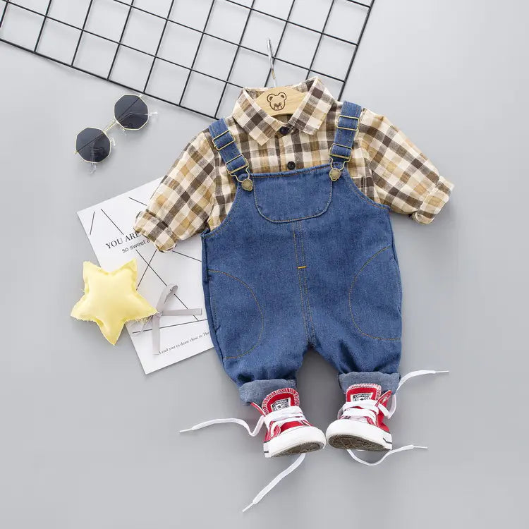 Boys' Long Sleeve Plaid Shirt with Denim Overalls Set