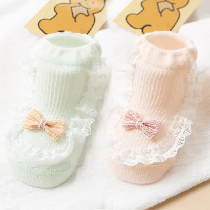 Cotton Baby Socks with Bow and Lace for Spring/Summer