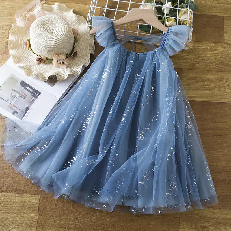Cute Star Mesh Dress with Flounced Sleeves for Girls