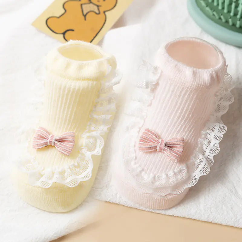 Cotton Baby Socks with Bow and Lace for Spring/Summer
