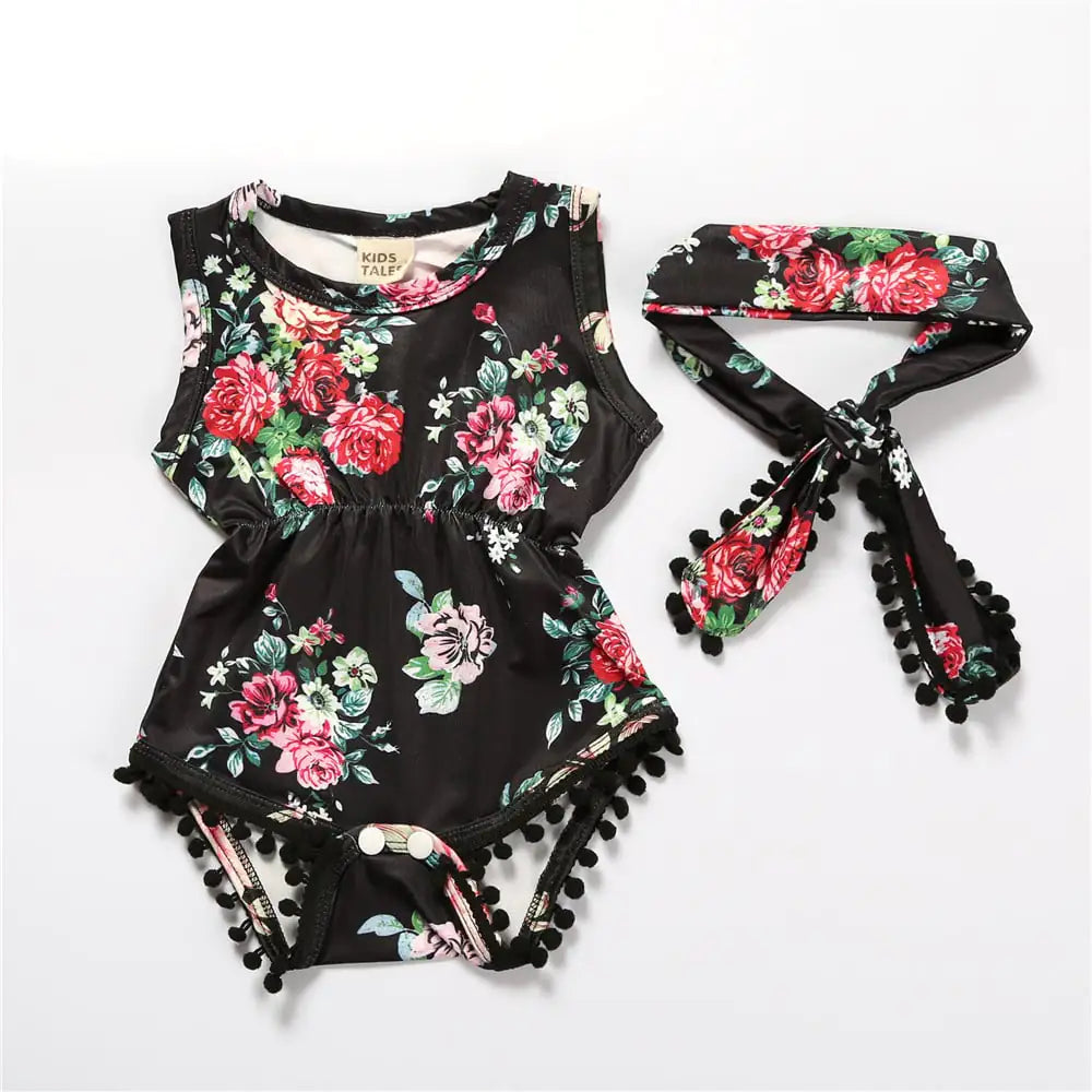Baby Girls Floral Jumpsuit Romper with Headband Outfit