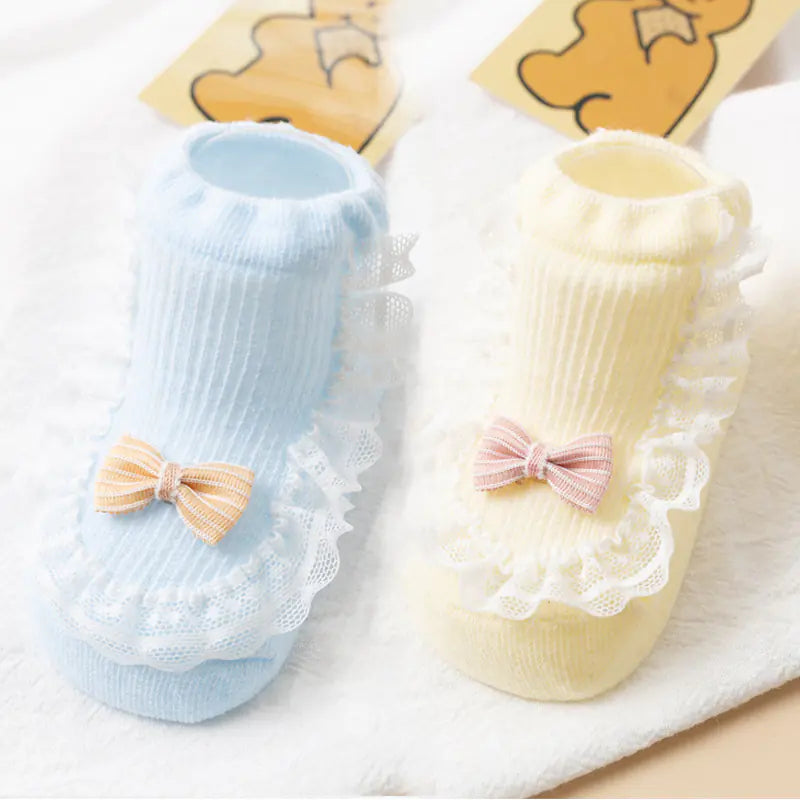 Cotton Baby Socks with Bow and Lace for Spring/Summer