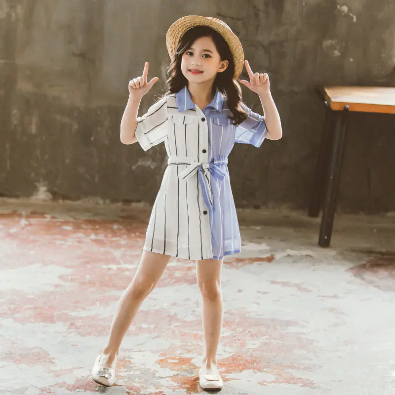 Girls' Summer Dress 2020 Fashion Color Block Shirt Dress