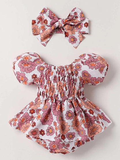 Summer Floral Print Baby Romper with Headscarf