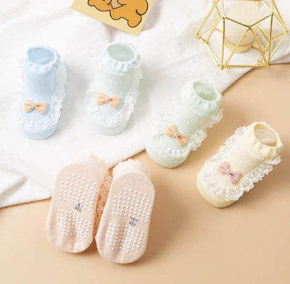 Cotton Baby Socks with Bow and Lace for Spring/Summer