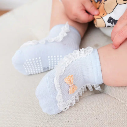 Cotton Baby Socks with Bow and Lace for Spring/Summer