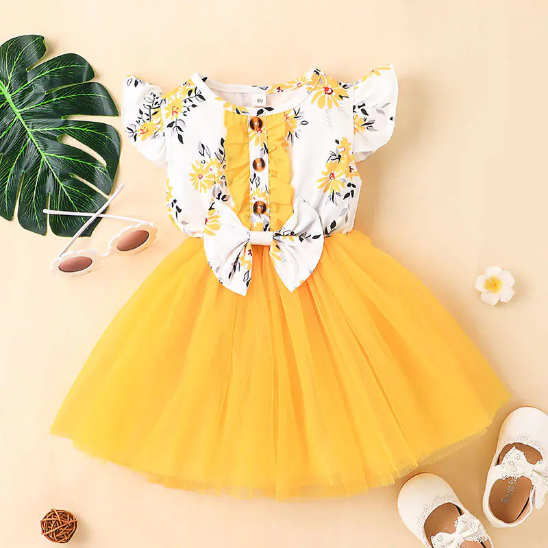 Baby Girl Printed Mesh Flying Sleeve Summer Dress
