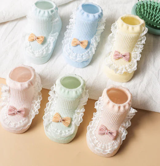 Cotton Baby Socks with Bow and Lace for Spring/Summer