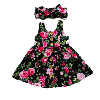 Floral Print Backless Party Princess Dress with Hair Band