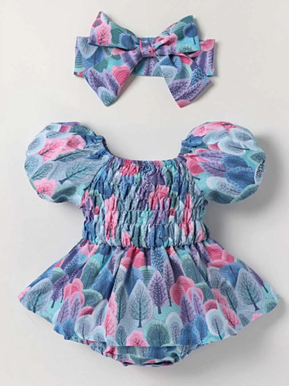 Summer Floral Print Baby Romper with Headscarf