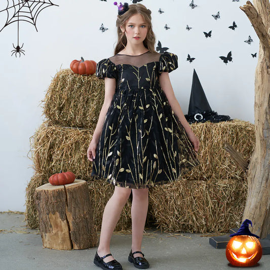 Girls Casual Puff Sleeve Sequined Embroidered Dress