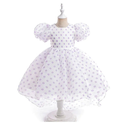Girls' Princess Dress with Puff Sleeves and Polka Dots
