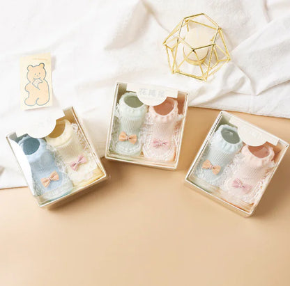 Cotton Baby Socks with Bow and Lace for Spring/Summer