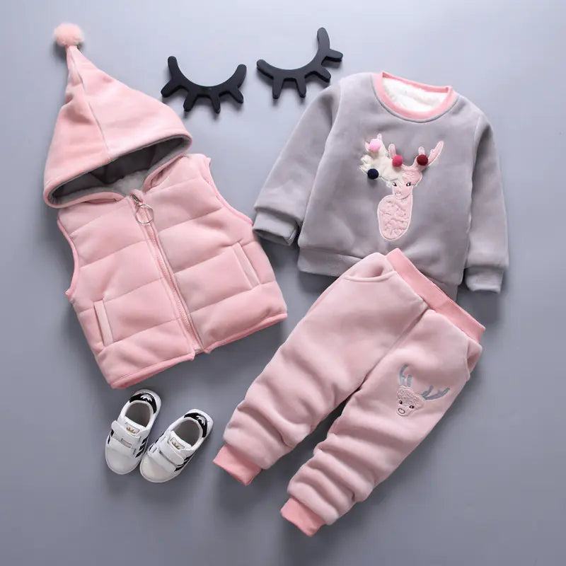 Baby Cotton Clothing Set with Fleece, 3-Piece Outfit