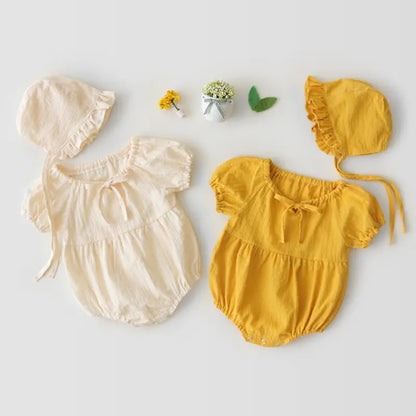 Summer Baby Girls' Bubble Sleeve Romper and Hat Set