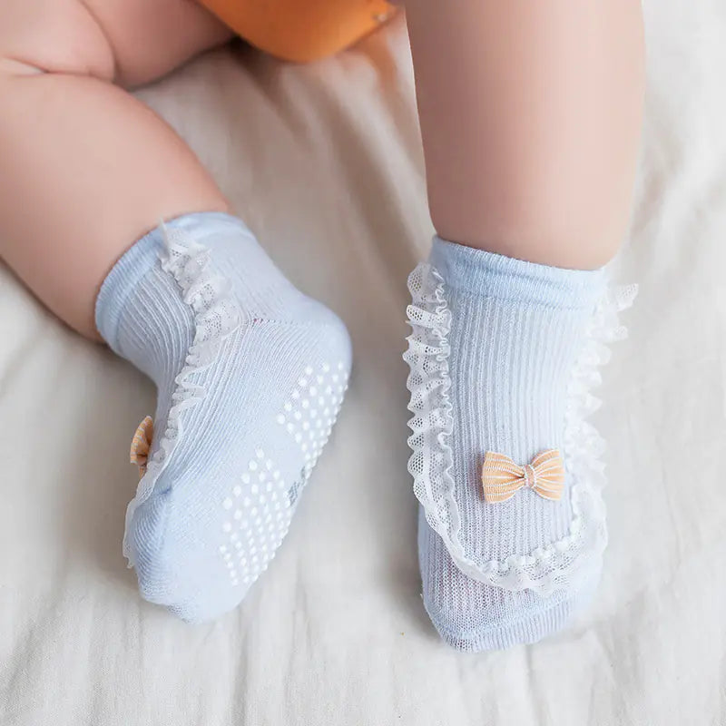 Cotton Baby Socks with Bow and Lace for Spring/Summer