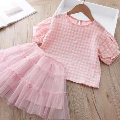 Cute Plaid Short-sleeved Mesh Princess Dress Set