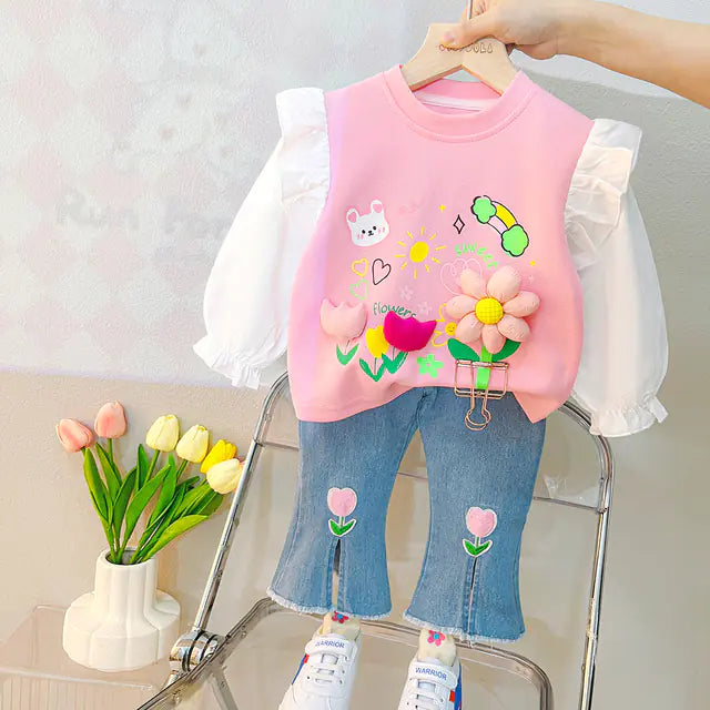 Baby Girls Lace Floral T-Shirt and Jeans Outfit Set