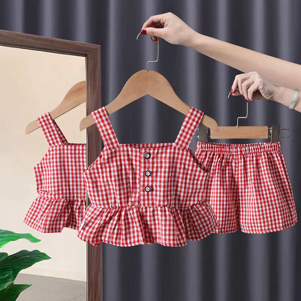 Girls' Summer Two-Piece Plaid Suit for Ages 3-8