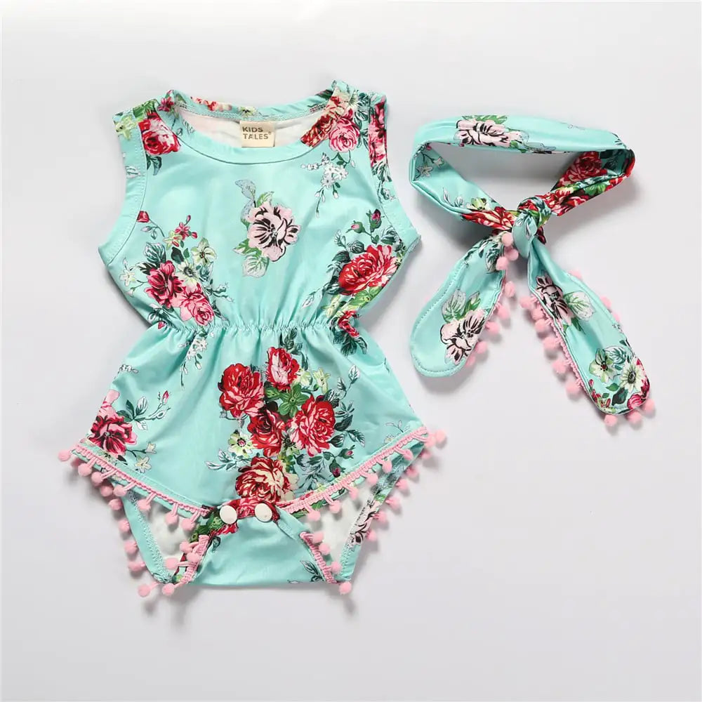 Baby Girls Floral Jumpsuit Romper with Headband Outfit