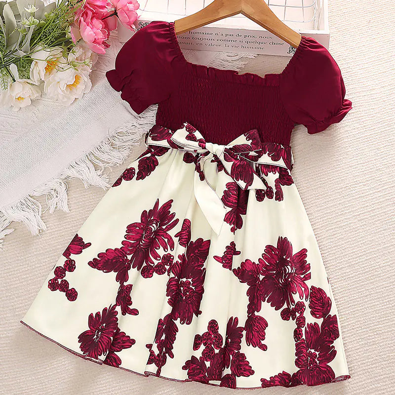 Girls' Summer Short Sleeve Printed Princess Dresses