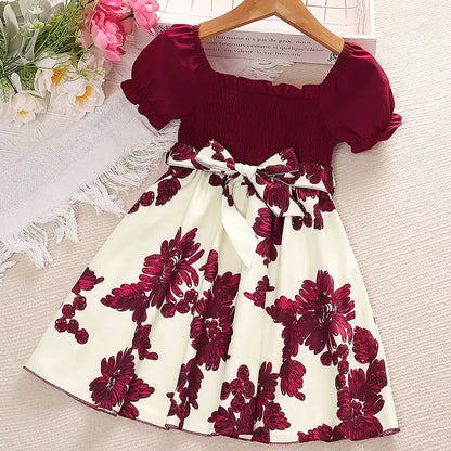 Girls' Summer Short Sleeve Printed Princess Dresses