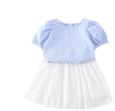 Cute Plaid Short-sleeved Mesh Princess Dress Set