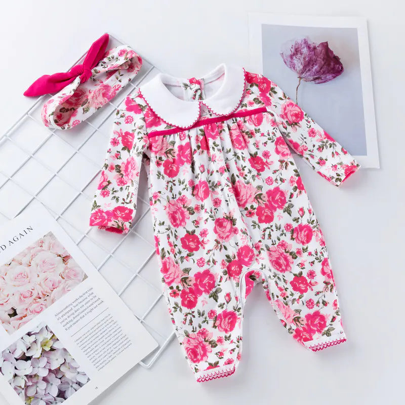 New Rose Flower Long Sleeve Baby Romper Set (0-2 Years)