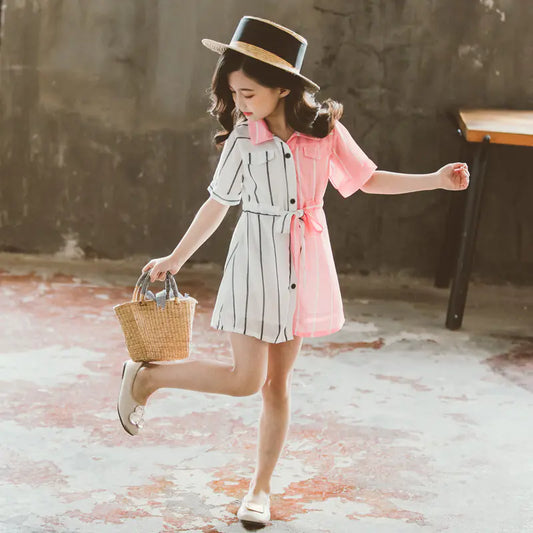Girls' Summer Dress 2020 Fashion Color Block Shirt Dress