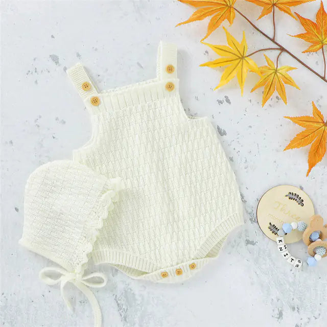 Knitted Baby Romper and Hat Set for Toddlers (2 Pcs)