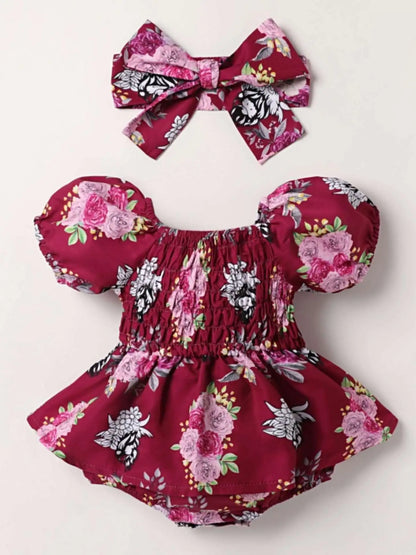 Summer Floral Print Baby Romper with Headscarf