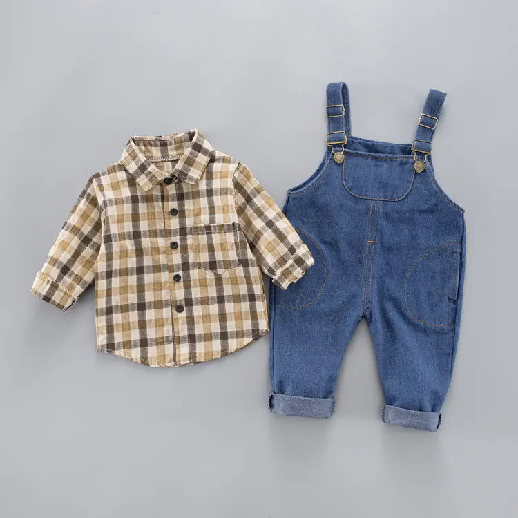 Boys' Long Sleeve Plaid Shirt with Denim Overalls Set