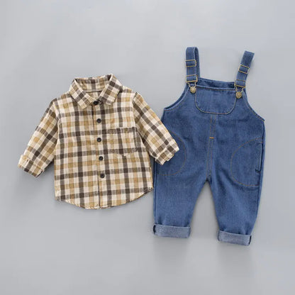 Boys' Long Sleeve Plaid Shirt with Denim Overalls Set