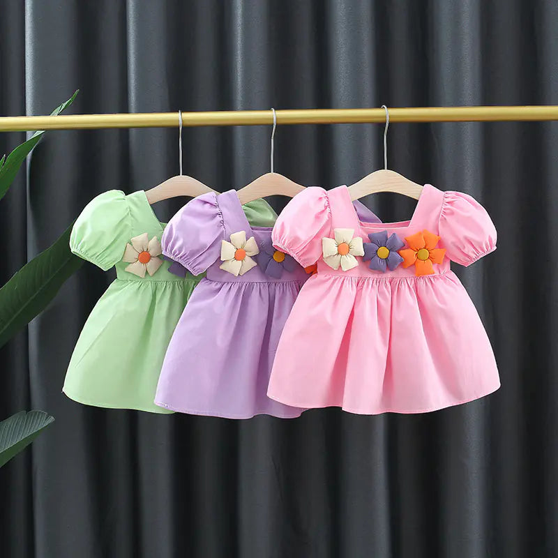 Girls' Square Collar Puff Sleeve Princess Dress