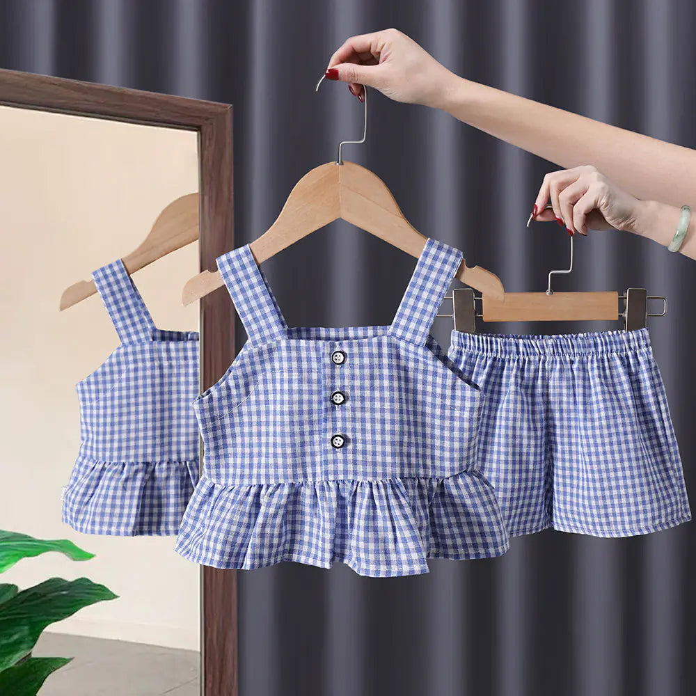 Girls' Summer Two-Piece Plaid Suit for Ages 3-8