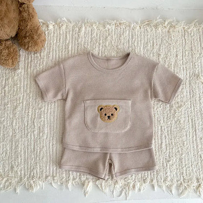 Baby Girls Waffle Bear Tee and Shorts Clothing Set