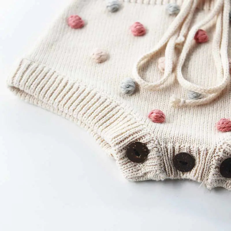 Handmade 100% Cotton Newborn Baby Dress with Pom-poms