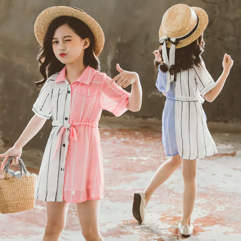 Girls' Summer Dress 2020 Fashion Color Block Shirt Dress