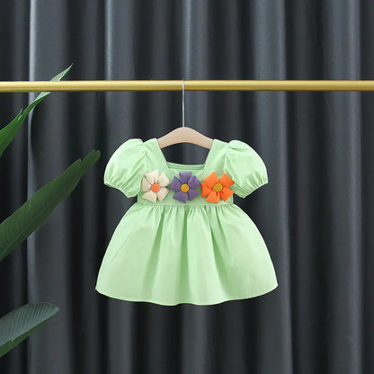 Girls' Square Collar Puff Sleeve Princess Dress