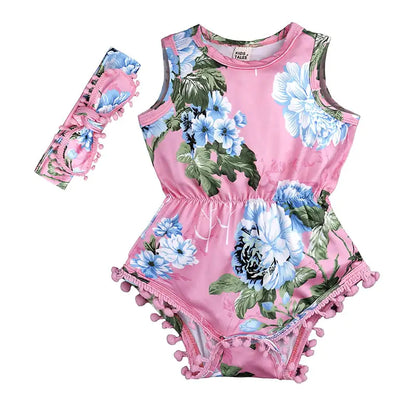 Baby Girls Floral Jumpsuit Romper with Headband Outfit