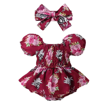 Summer Floral Print Baby Romper with Headscarf