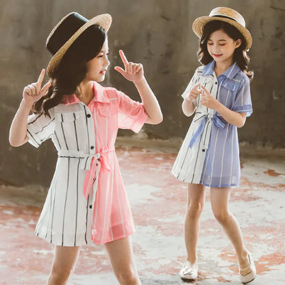Girls' Summer Dress 2020 Fashion Color Block Shirt Dress