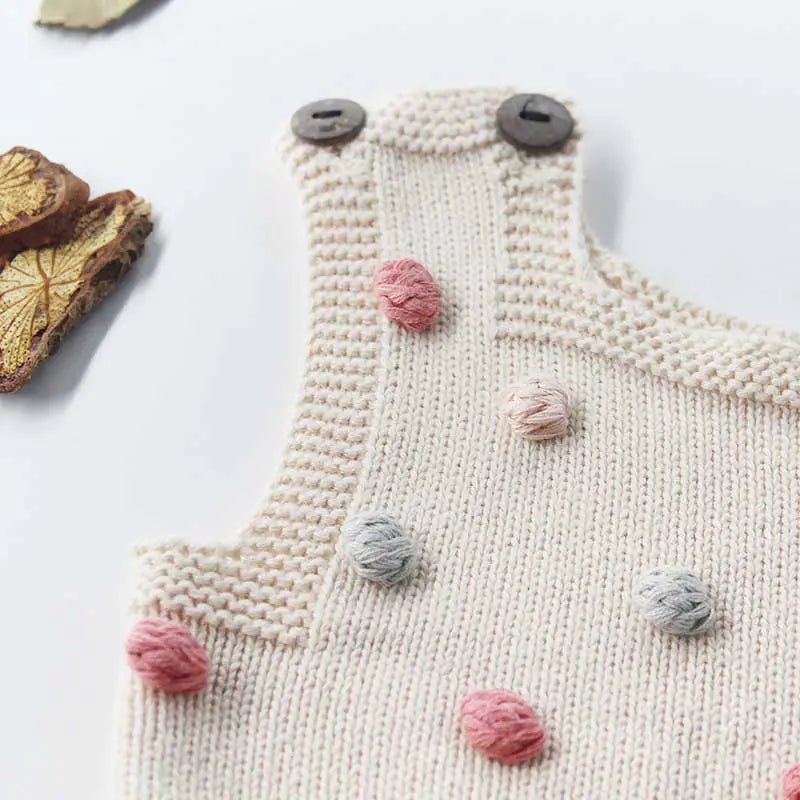 Handmade 100% Cotton Newborn Baby Dress with Pom-poms